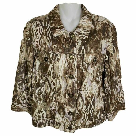 Chico's Womens Jacket Sz Small 4 Animal Print Button Linen Blend Shimmer Pocket - Picture 1 of 9
